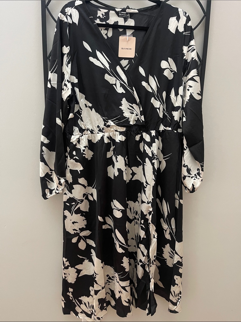 Black & White Floral Faux-Wrap Long Sleeve Dress